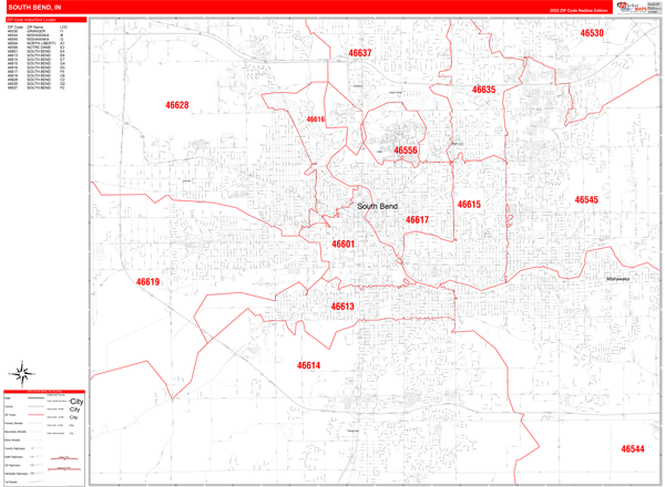 South Bend Indiana Zip Code Wall Map Red Line Style By Marketmaps